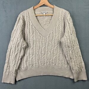St John Sport Beige Cable Knit Sweater Wool Silk Cashmere V-Neck Womens Large